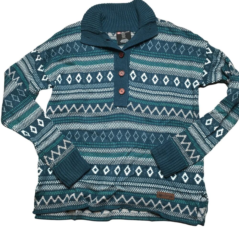 Sherpa Adventure Gear Mens Dhaka Pullover Henley Knit Fair Isle Sweater Blue M